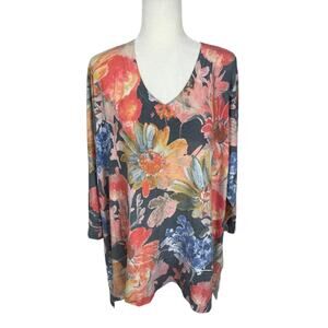 Soft Surroundings Floral V-Neck Stretch Tunic Sweater Top Size 2X Timeless